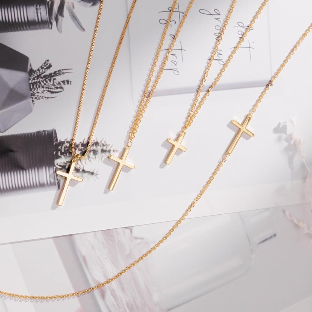 Women 04 Simple Cross Gold 14K Gold Silver Cross Necklace - Non Tarnish Jewelry - Picture 7 of 8